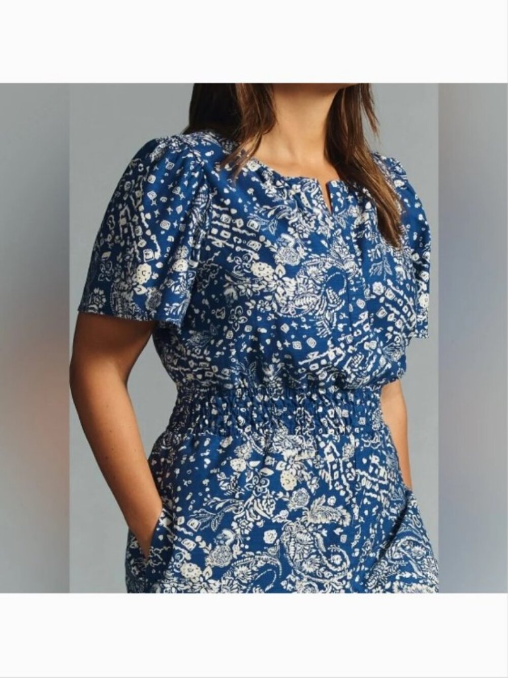 Anthropologie The Somerset Wide Leg Jumpsuit Blue White Floral L Short Sleeve - Picture 2 of 16